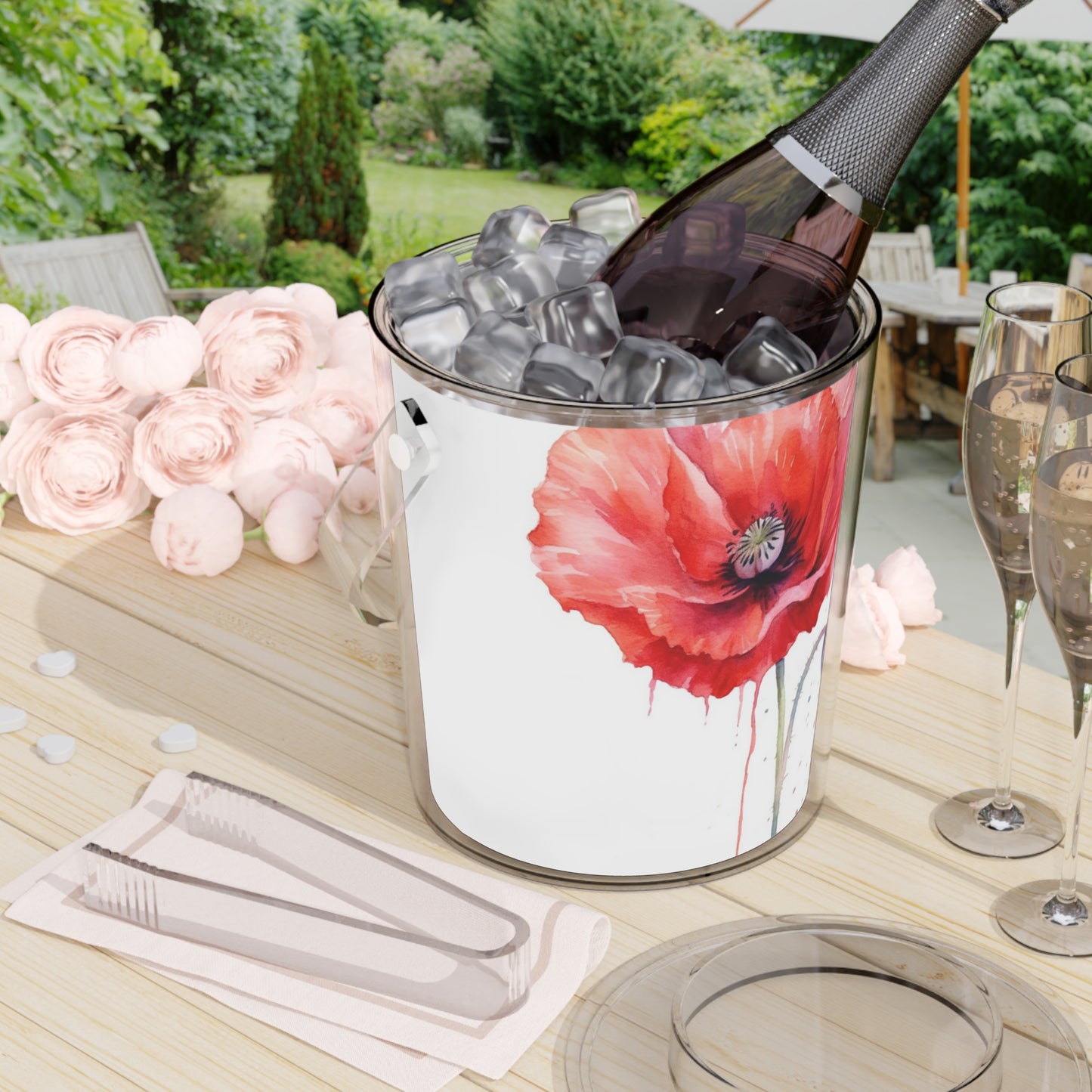 Poppy-Inspired Watercolor Ice Bucket with Tongs: A Delicate Blend of Art