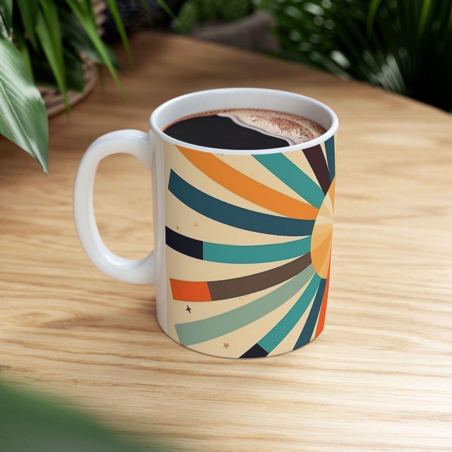 Swinging Sixties: 1960s Fashion-Inspired Coffee Mug with Abstract Art and Starburst Candy Colors