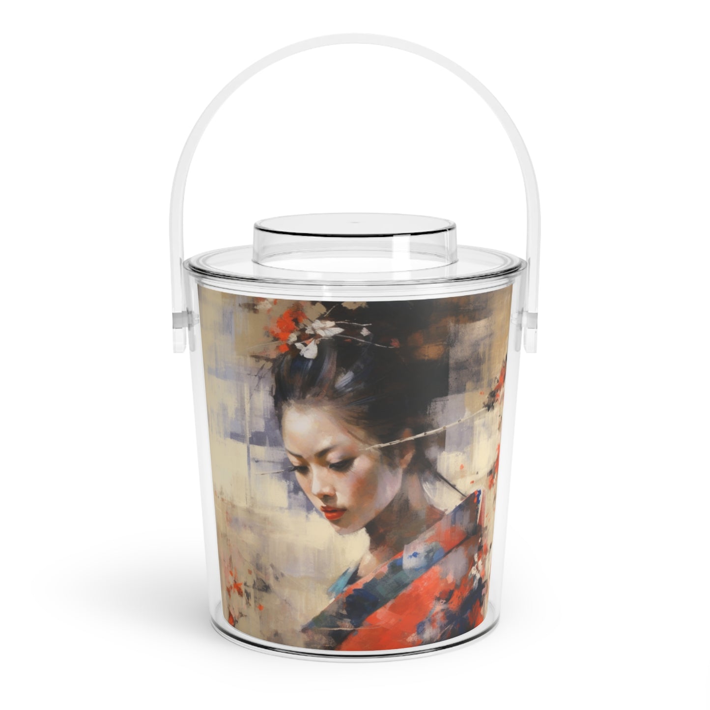 Japanese-Inspired Abstract Oil Painting Ice Bucket with Tongs: Celebrating Geisha Beauty