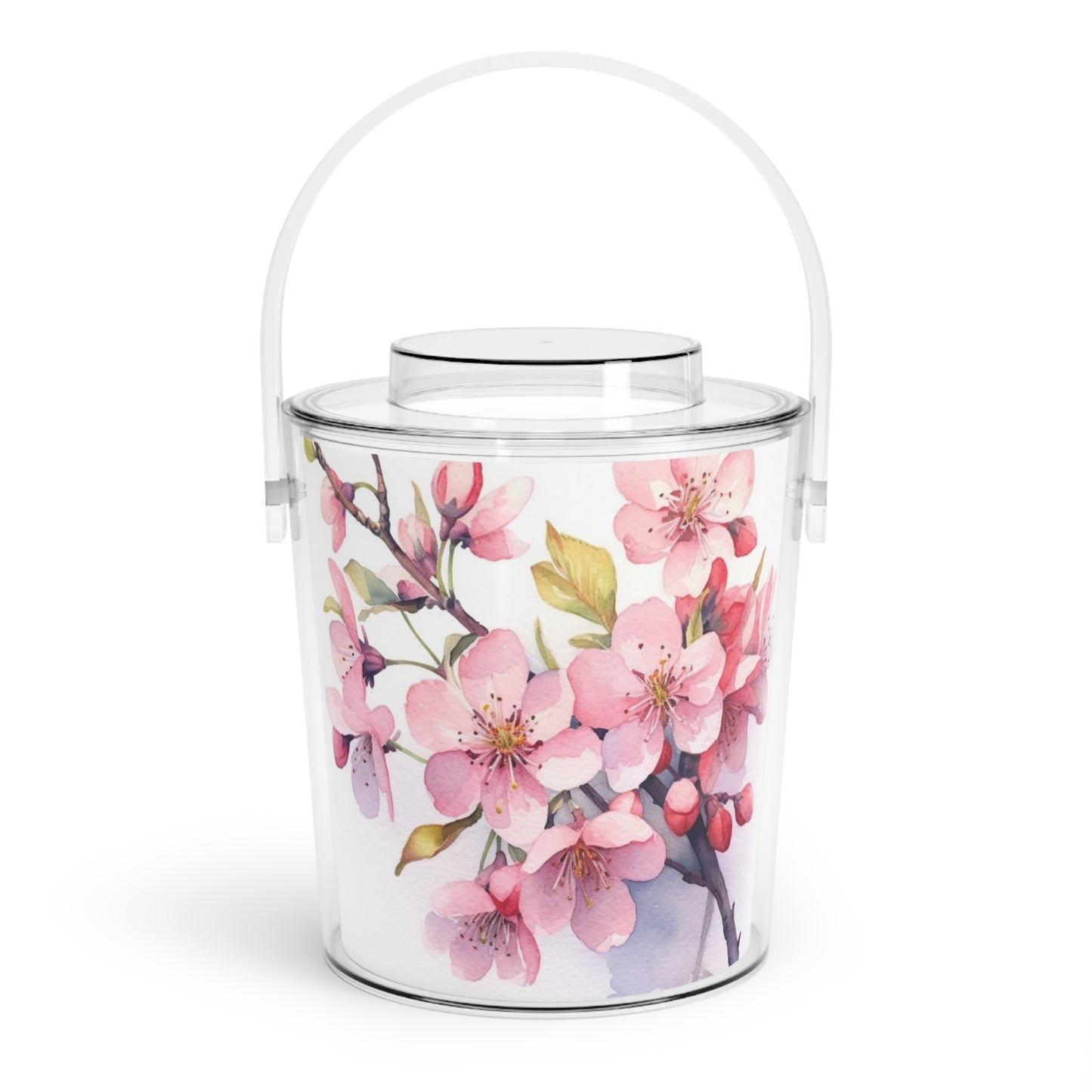 Cherry Blossom Delight: Floral Watercolor Ice Bucket with Tongs