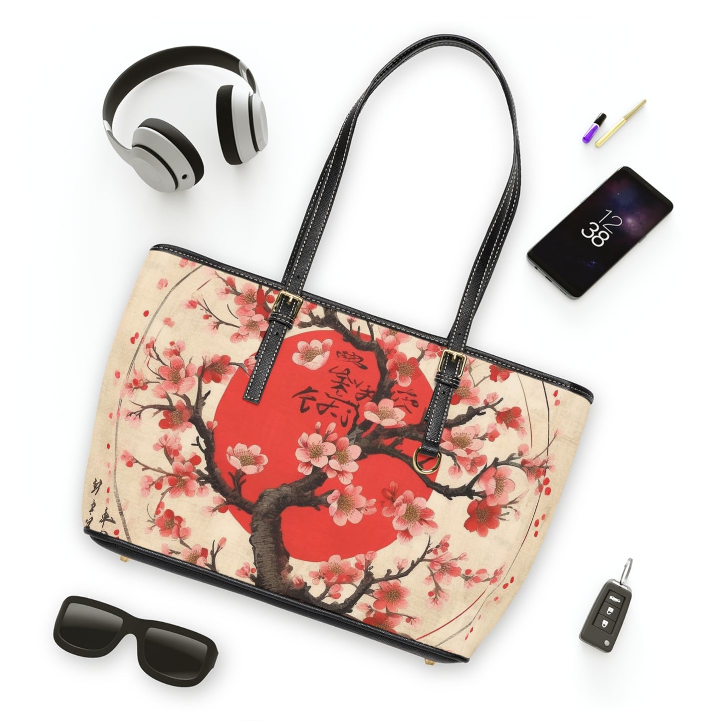 Nature's Brushstrokes: PU Leather Shoulder Bag Featuring Captivating Cherry Blossom Drawings