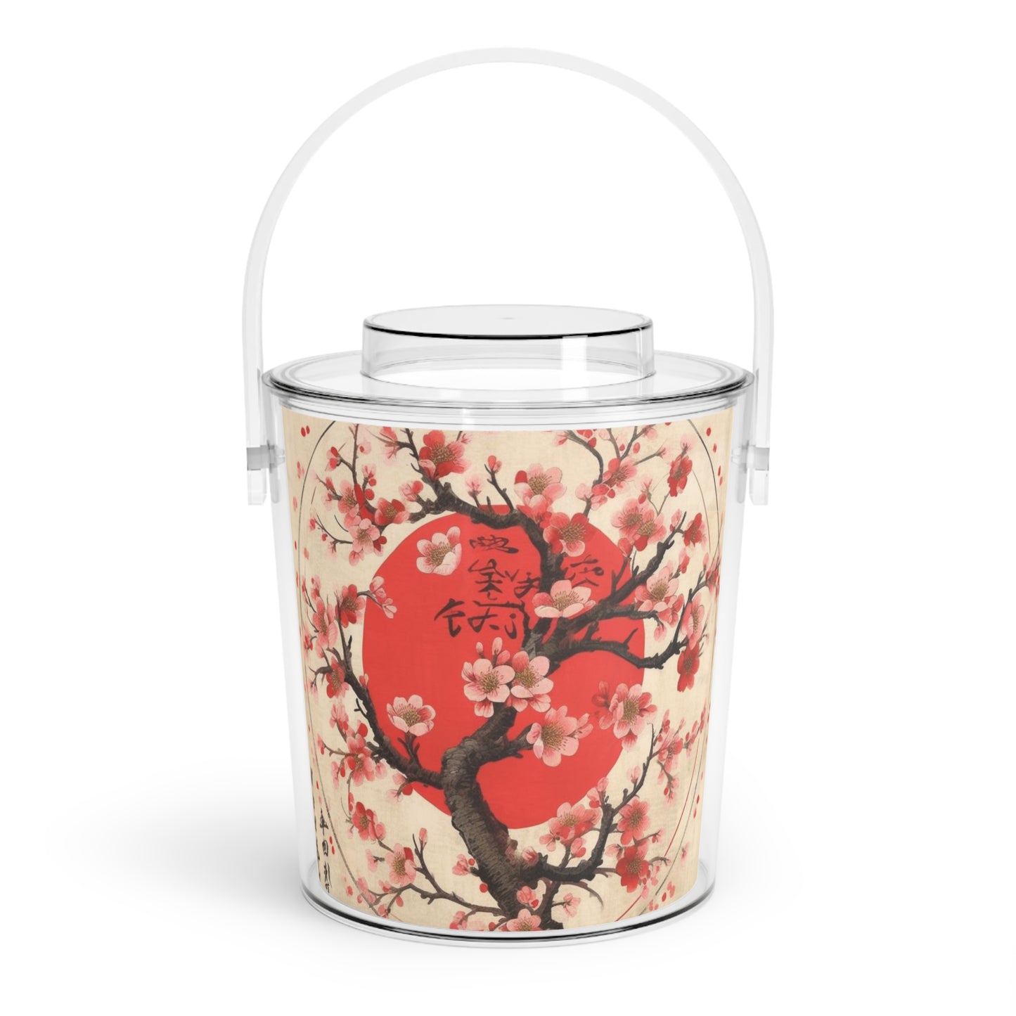 Nature's Brushstrokes: Ice Bucket with Tongs Featuring Captivating Cherry Blossom Drawings