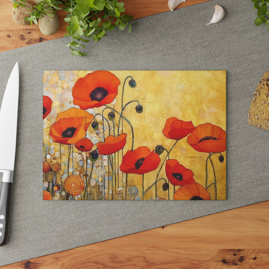 Glass Cutting Board Adorned with Gustav Klimt's Poppies