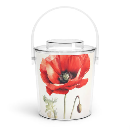 Artistic Watercolor Poppy Ice Bucket with Tongs: Nature's Splendor