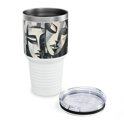 Abstract Masterpiece: Ringneck Tumbler Showcasing Cubist Artistry in Portable Form