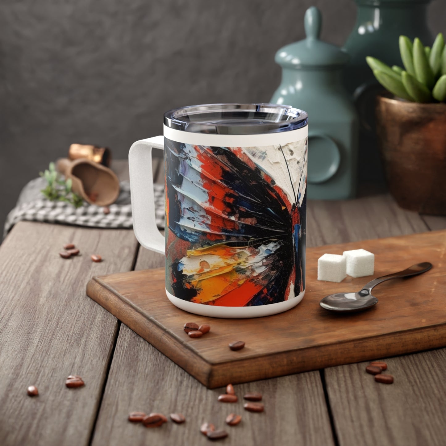 Insulated Coffee Mug with Bauhaus-Inspired Butterfly Drawing: A Harmonious Blend of Art and Functionality