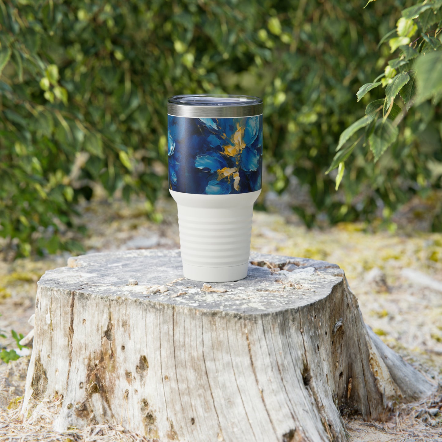 Captivating Artistry: Blue Orchid Abstract Painting Ringneck Tumbler, Discover the Beauty of Abstract Brush Strokes