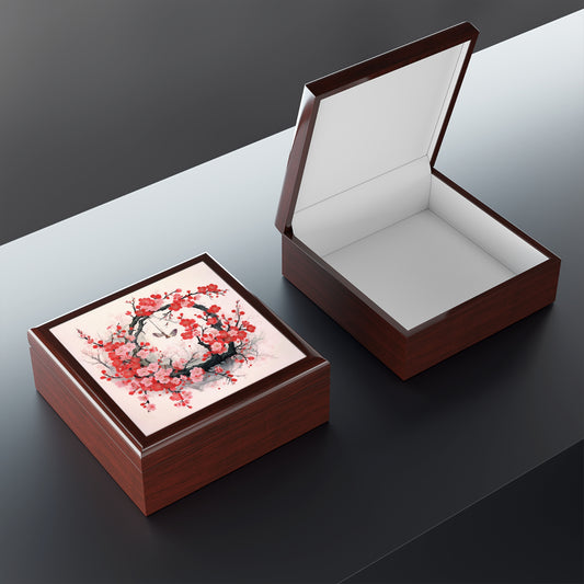 Cherry Blossom Delight: Jewelry Box Adorned with Intricate Flower Drawings and Artistry