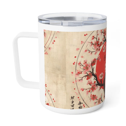 Nature's Brushstrokes: Insulated Coffee Mug Featuring Captivating Cherry Blossom Drawings