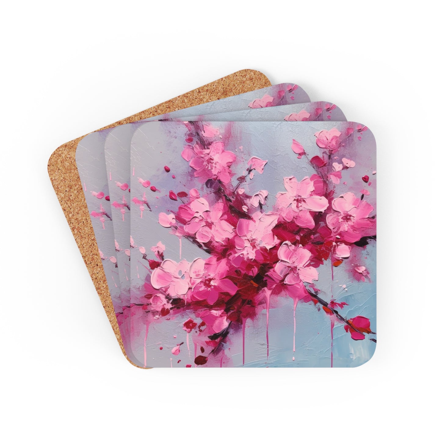 Corkwood Coaster Set with Cherry Blossom Art