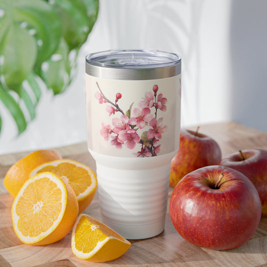 Artistic Elegance: Ringneck Tumbler with Watercolor Drawing of a Cherry Blossom