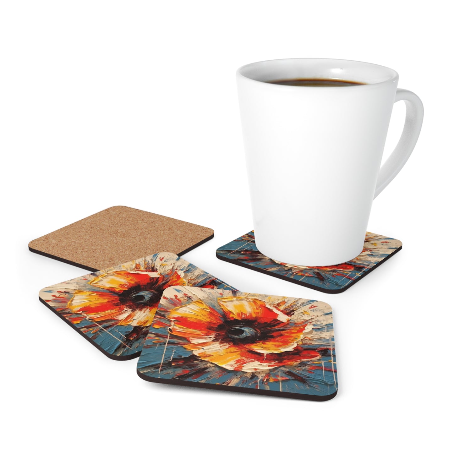 Poppy Symphony: Corkwood Coaster Set with Abstract Floral Artwork