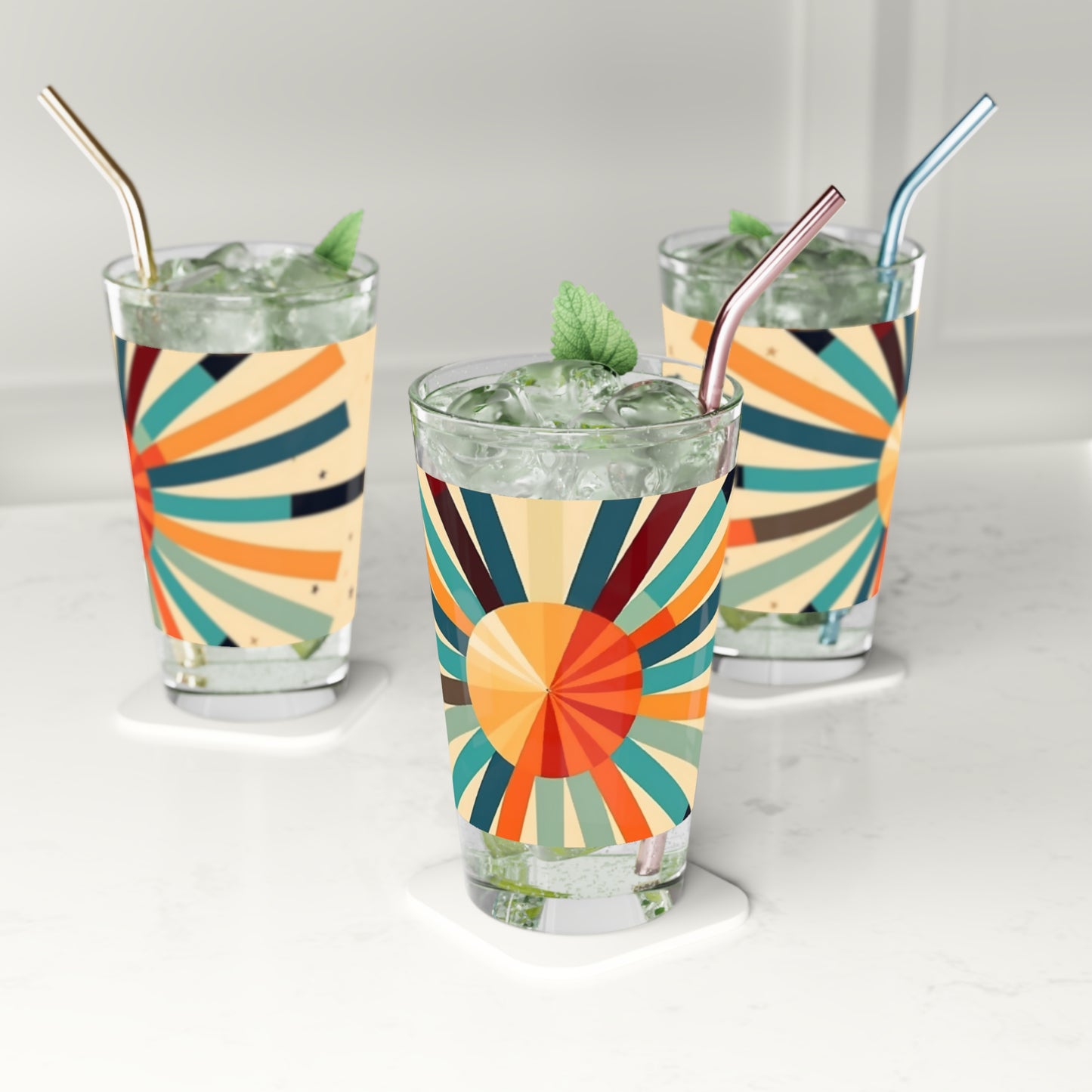 Sip in Style: Starburst Candy Colored Pint Glass with Midcentury Modern Charm