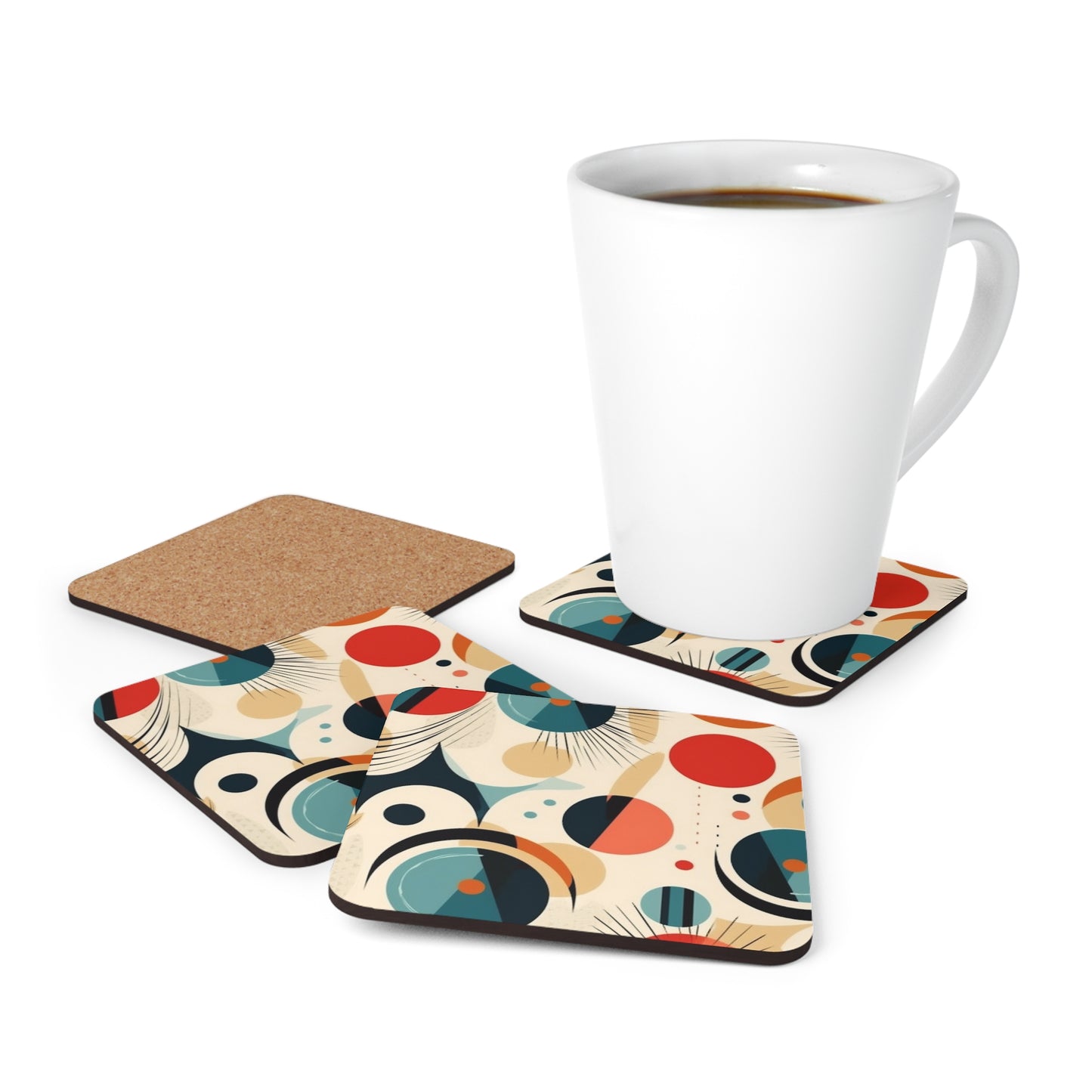 Abstract Elegance: Midcentury Modern Corkwood Coaster Set with Modern Abstract Art and Vintage Fashion