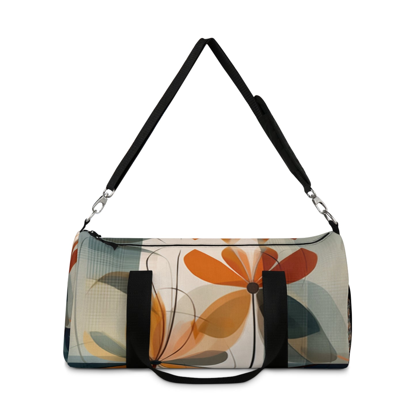 Botanical Chic: Flower Drawings and Minimalist Duffel Bag Design with Midcentury Flair