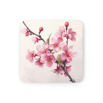 Artistic Flourish: Floral Watercolor Cherry Blossom Corkwood Coaster Set