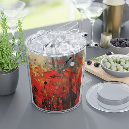 Whimsical Poppy Art on Ice Bucket with Tongs