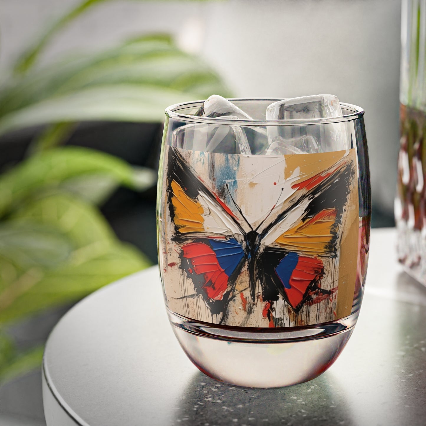 Abstract Bauhaus Design: Whiskey Glass with Butterfly-Inspired Brush Strokes