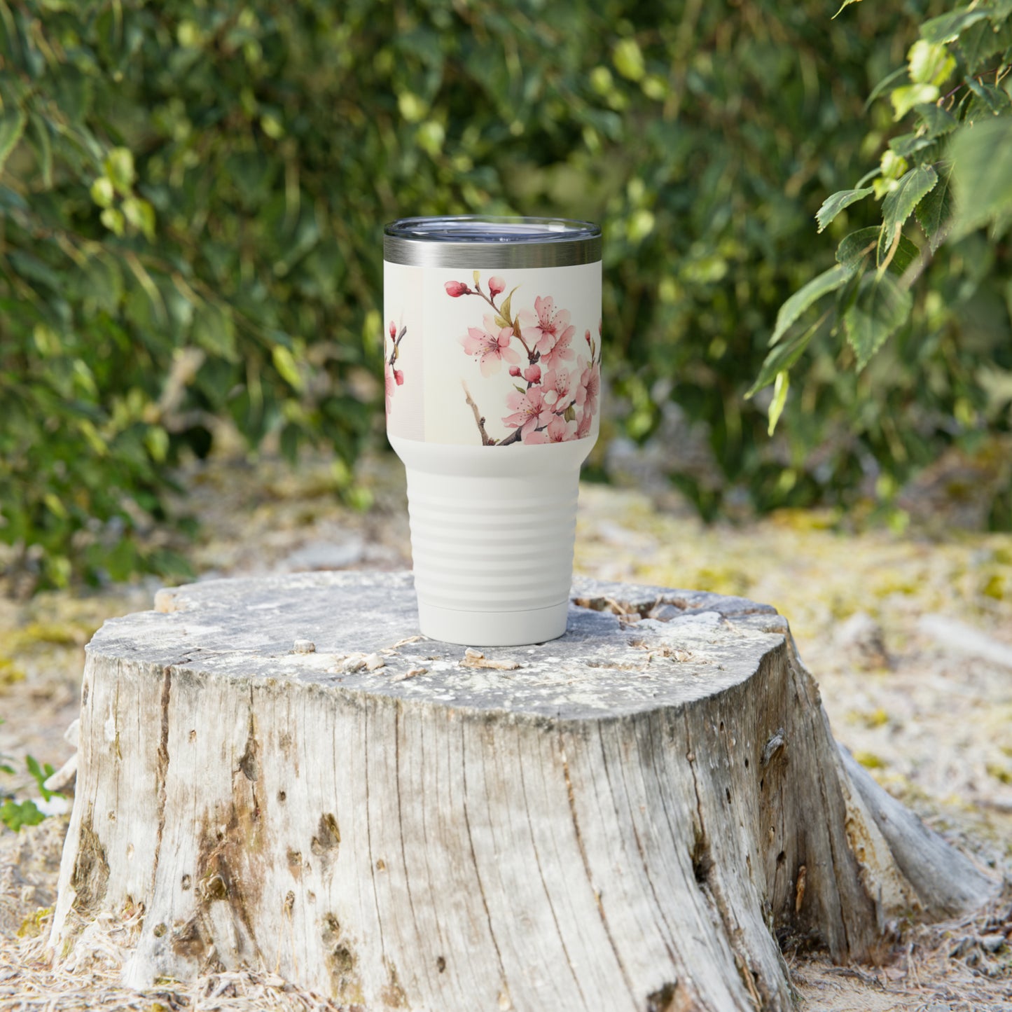 Watercolor Symphony: Ringneck Tumbler with Cherry Blossom Elegance