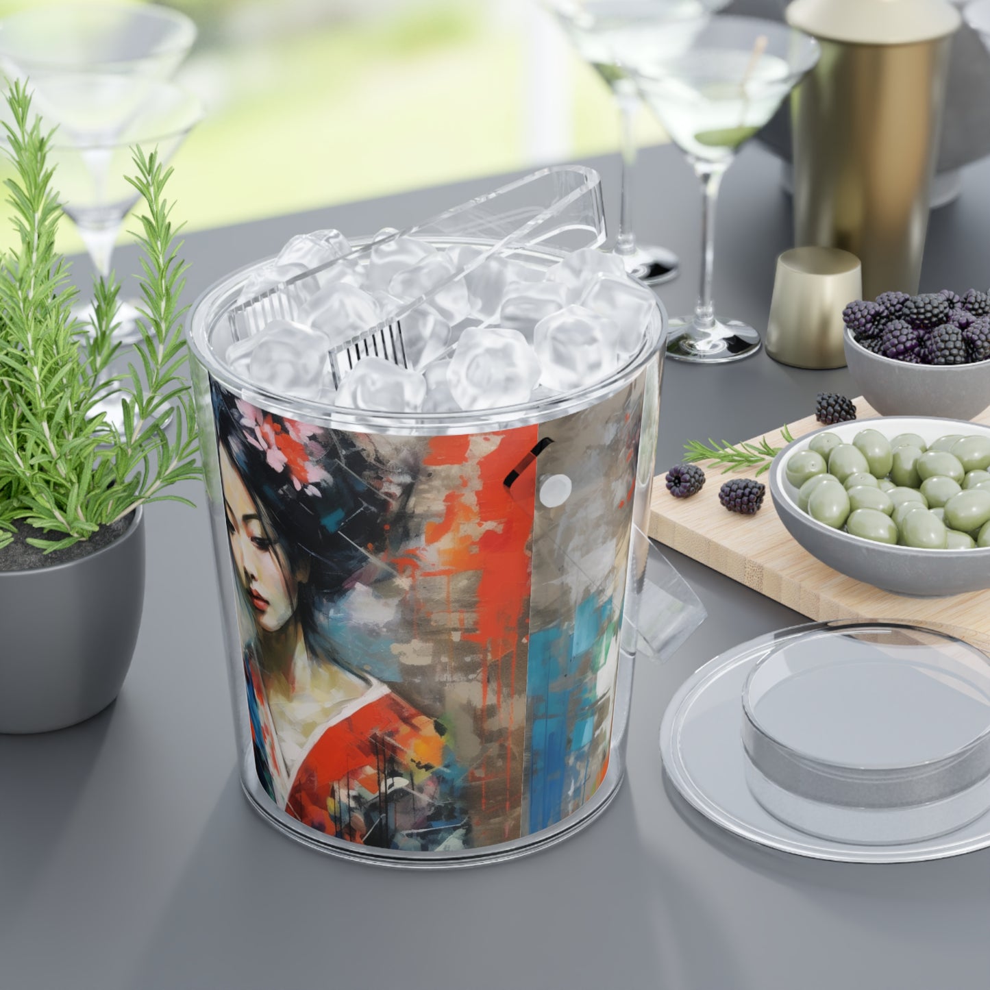 Ice Bucket with Tongs with Geisha Art: Sip in Style with Japanese Artistic Flair