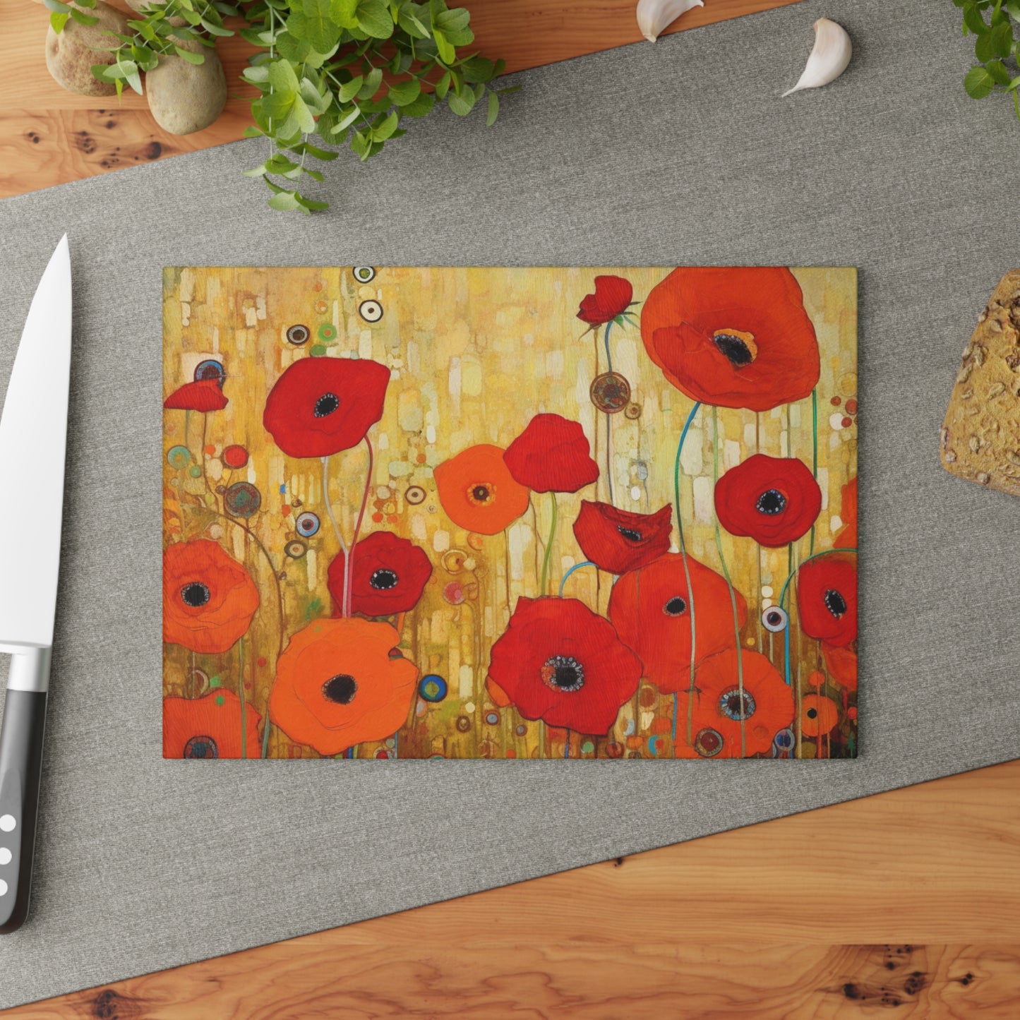 Floral Symphony: Glass Cutting Board showcasing Gustav Klimt's Poppies in Art Nouveau