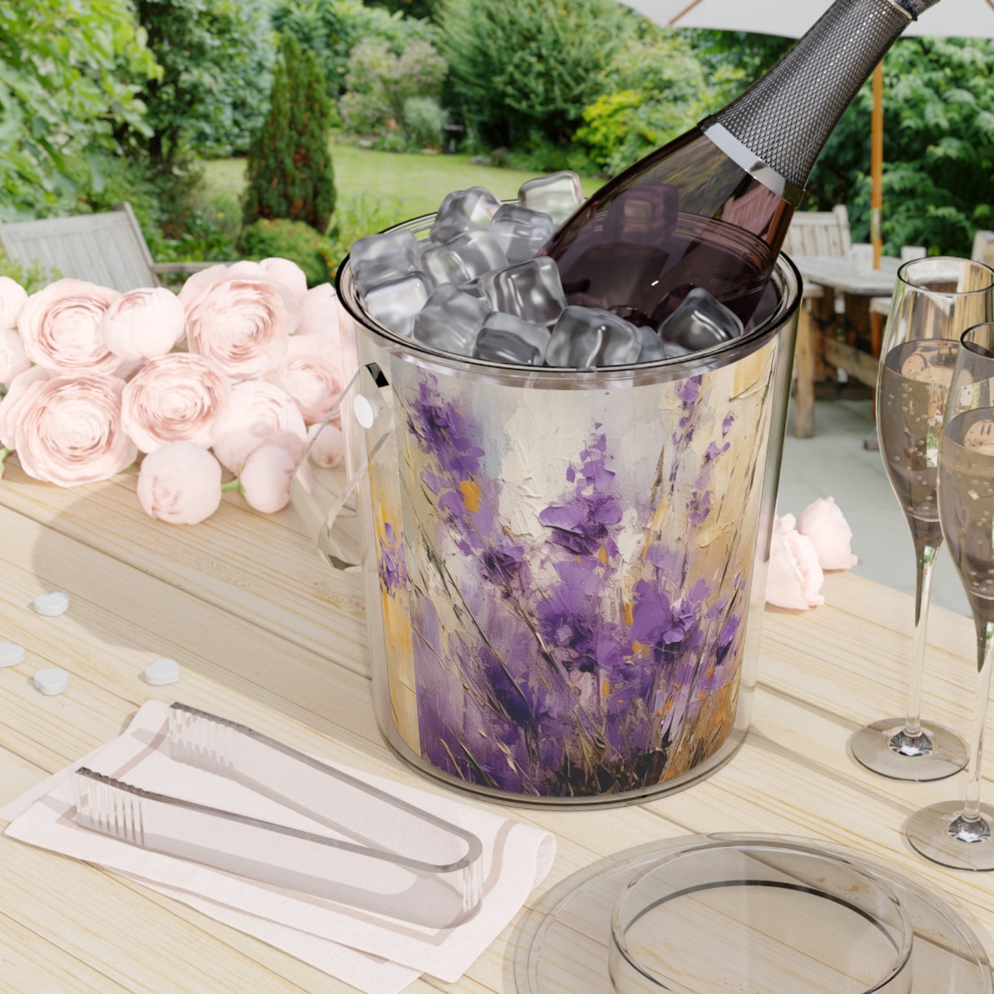 Expressive Lavender Drawing on Ice Bucket with Tongs: A Symphony of Colors and Petals