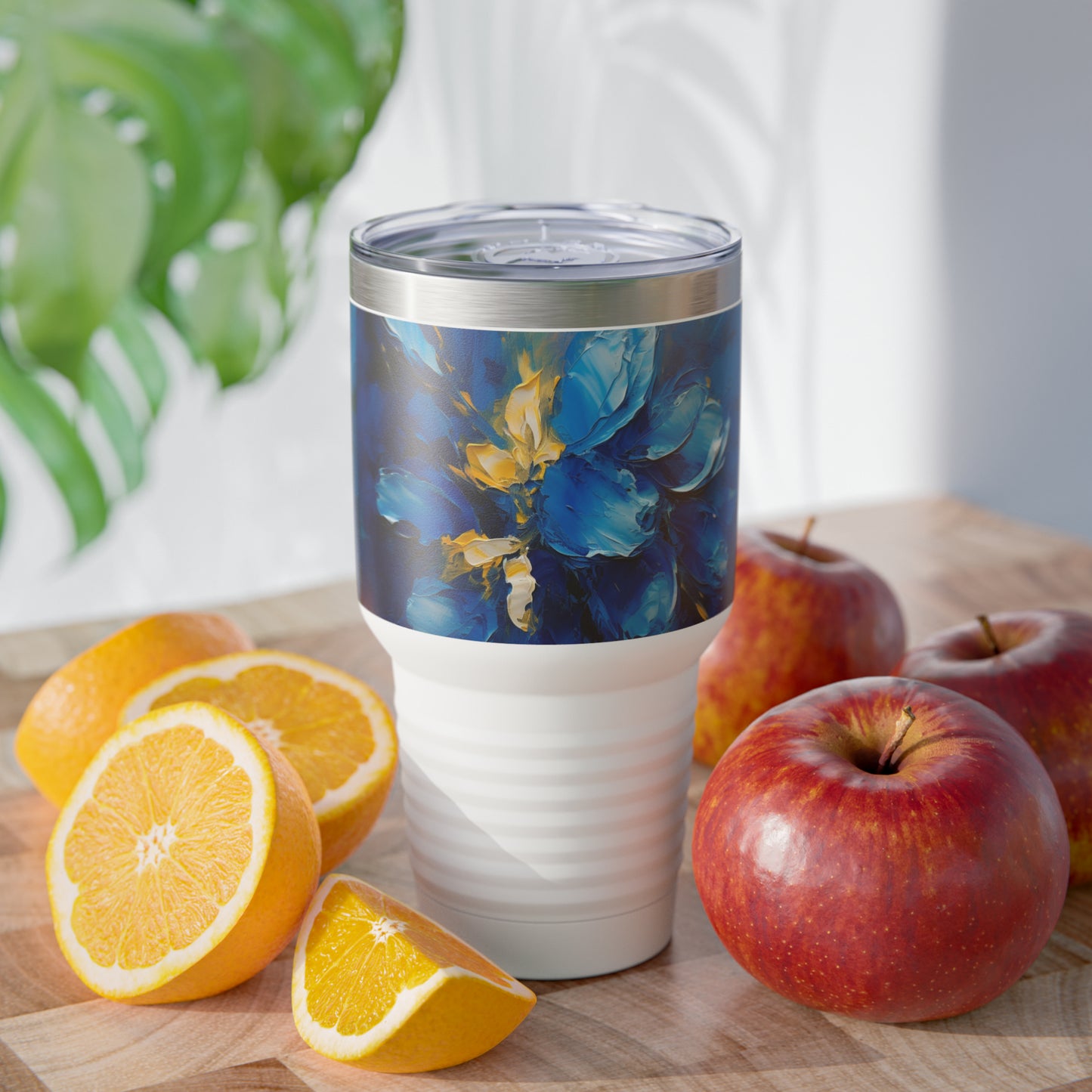 Captivating Artistry: Blue Orchid Abstract Painting Ringneck Tumbler, Discover the Beauty of Abstract Brush Strokes