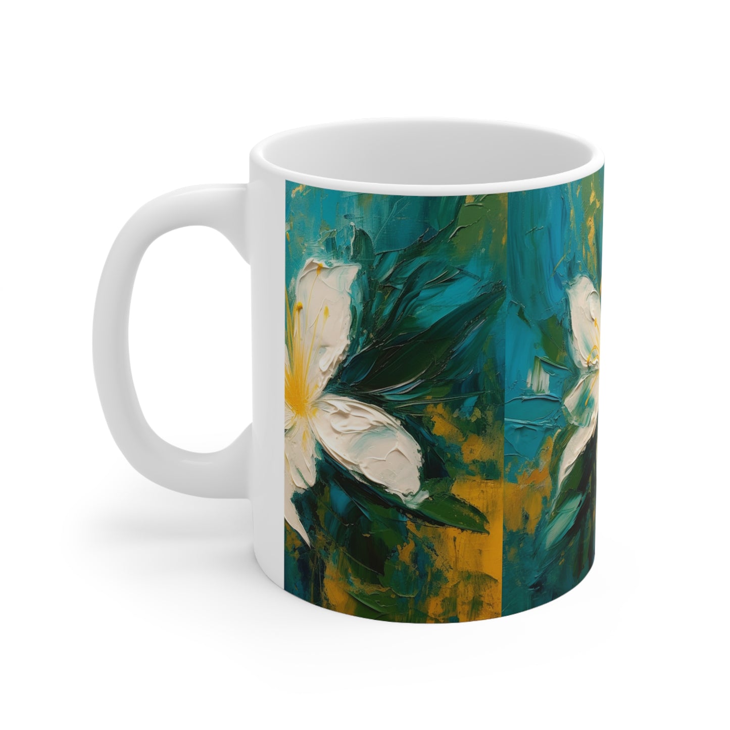 Floral Symphony: Ceramic Mug featuring an Abstract Oil Painting of Jasmine