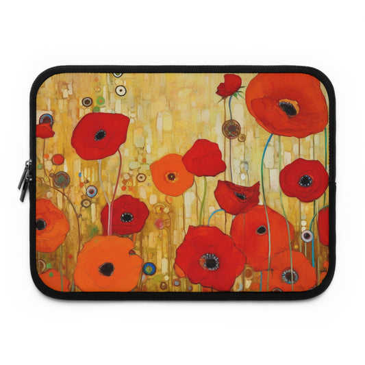 Floral Symphony: Laptop Sleeve showcasing Gustav Klimt's Poppies in Art Nouveau