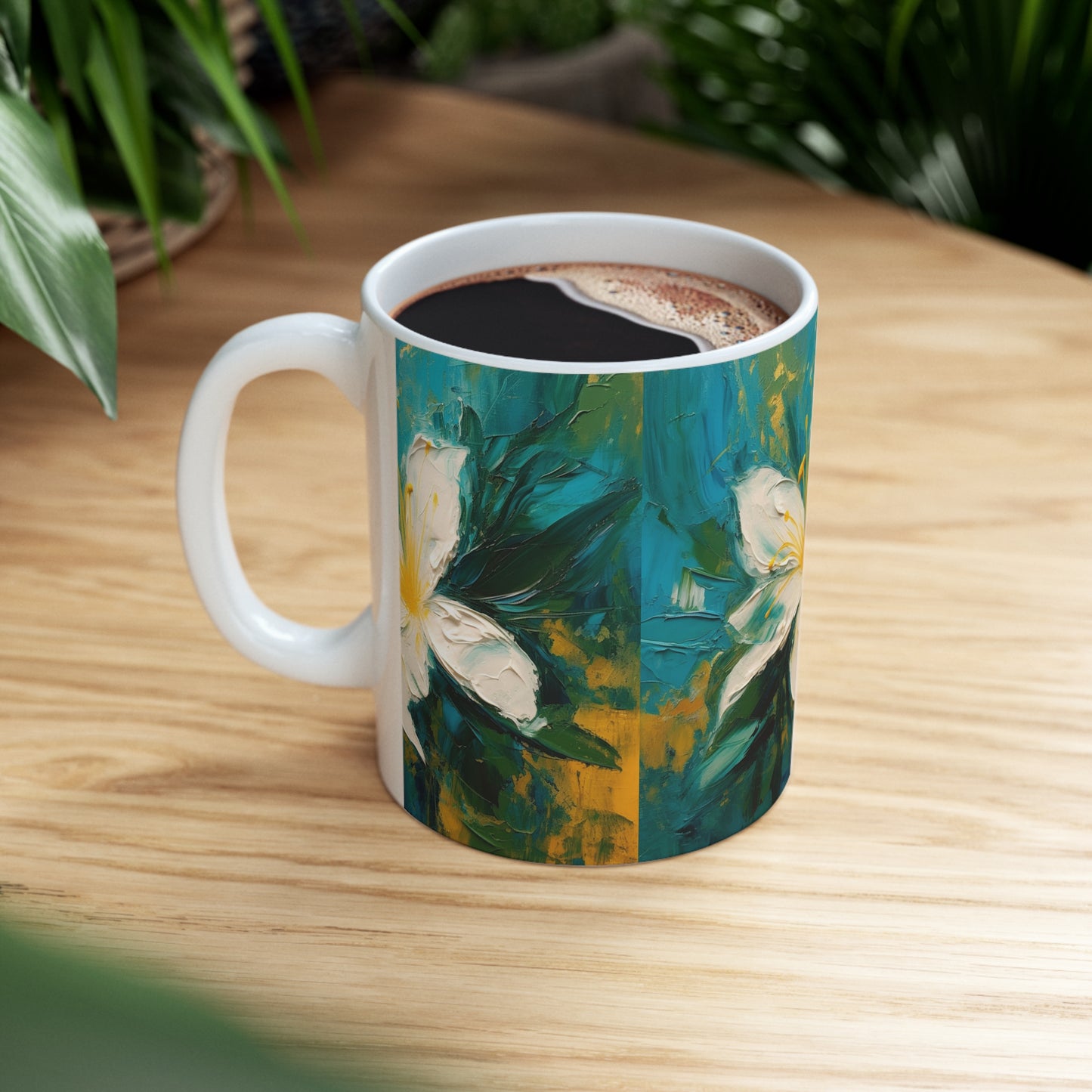 Floral Symphony: Ceramic Mug featuring an Abstract Oil Painting of Jasmine