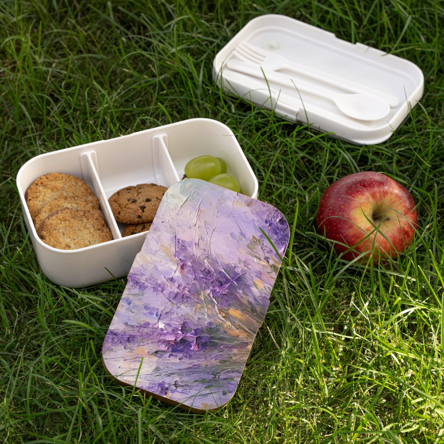 Lavender Elegance: Bento Box with Delicate Flower Drawings