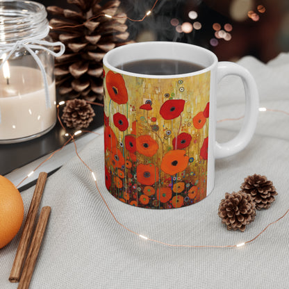 Floral Symphony: Ceramic Mug showcasing Gustav Klimt's Poppies in Art Nouveau