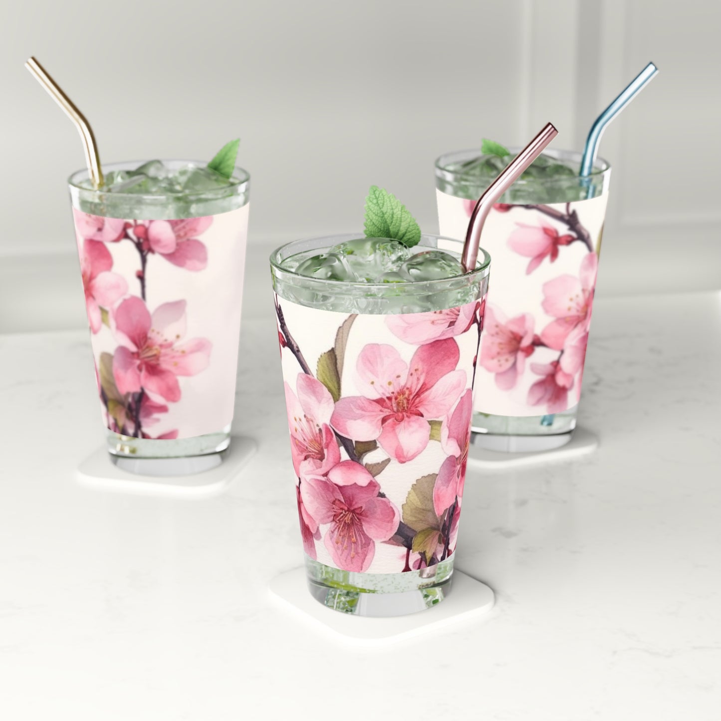 Artistic Flourish: Floral Watercolor Cherry Blossom Pint Glass