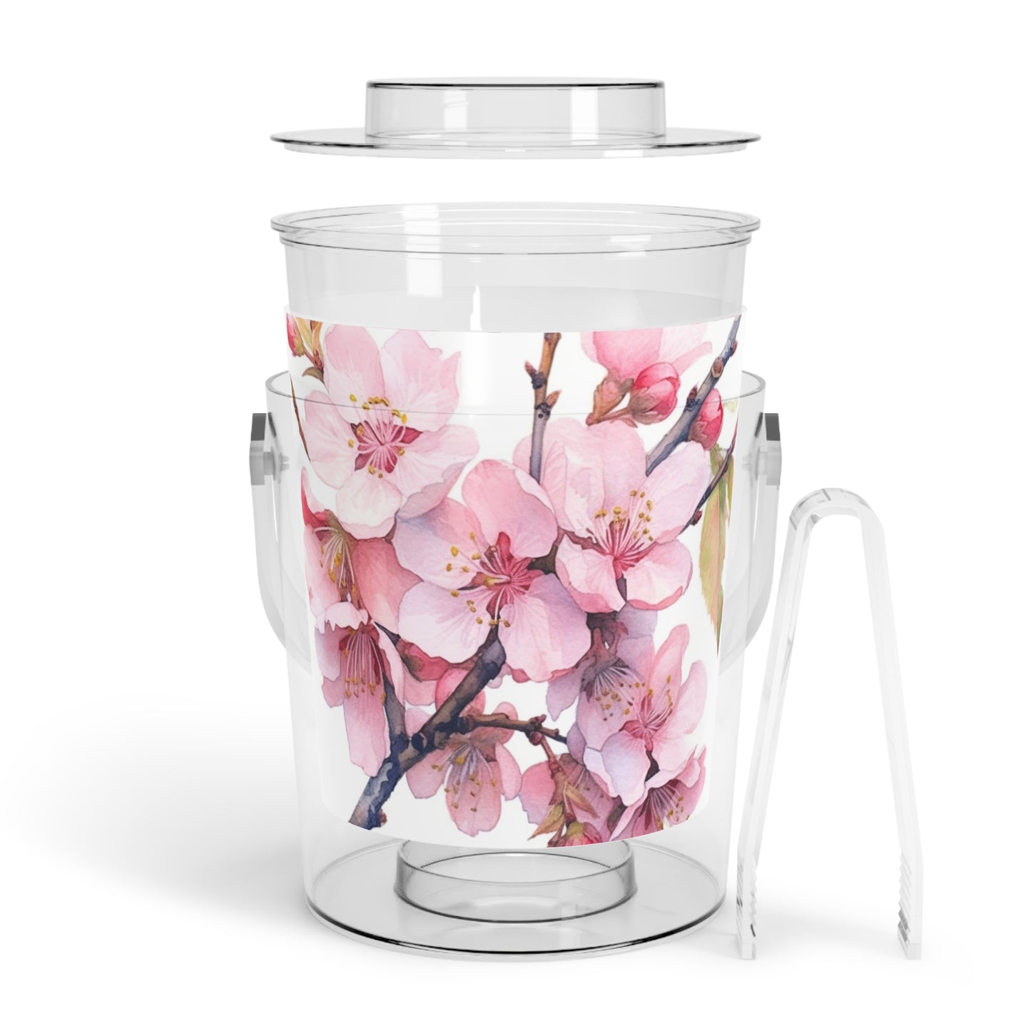 Whimsical Delight: Watercolor Cherry Blossom Tree Ice Bucket with Tongs