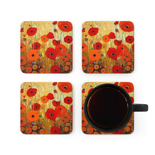 Floral Symphony: Corkwood Coaster Set showcasing Gustav Klimt's Poppies in Art Nouveau