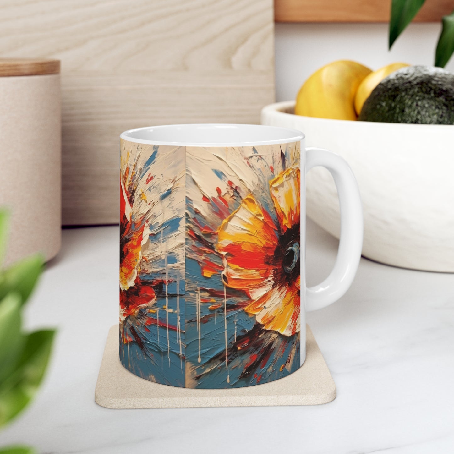 Poppy Symphony: Ceramic Mug with Abstract Floral Artwork