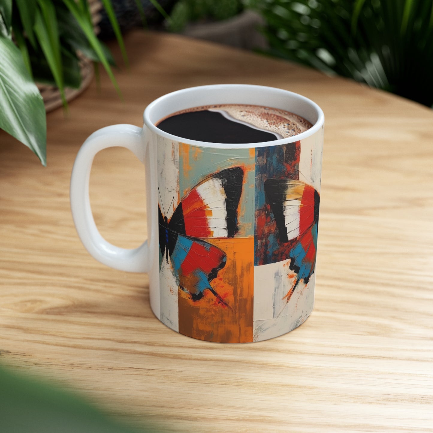 Bauhaus Butterfly Symphony: Ceramic Mug with Vibrant Colors and Intricate Details