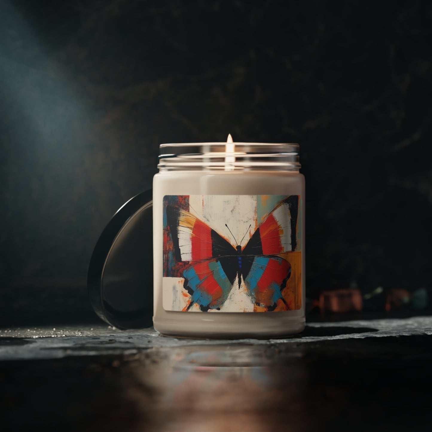 Bauhaus-Inspired Butterfly Symphony: Scented Soy Candle with Vibrant Colors and Intricate Details