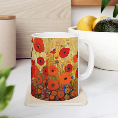 Floral Symphony: Ceramic Mug showcasing Gustav Klimt's Poppies in Art Nouveau