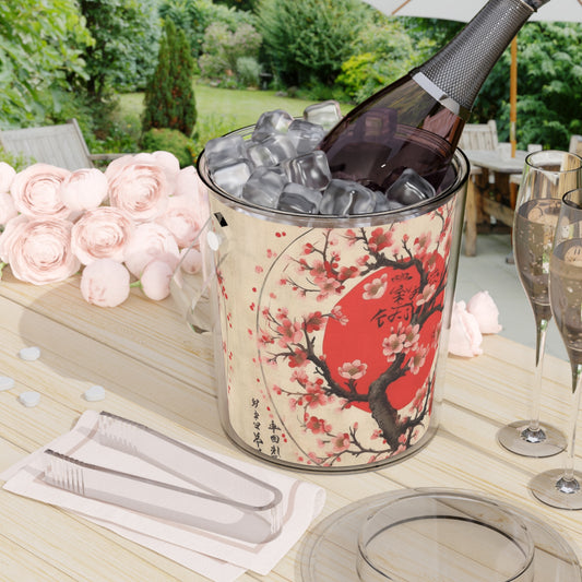 Nature's Brushstrokes: Ice Bucket with Tongs Featuring Captivating Cherry Blossom Drawings