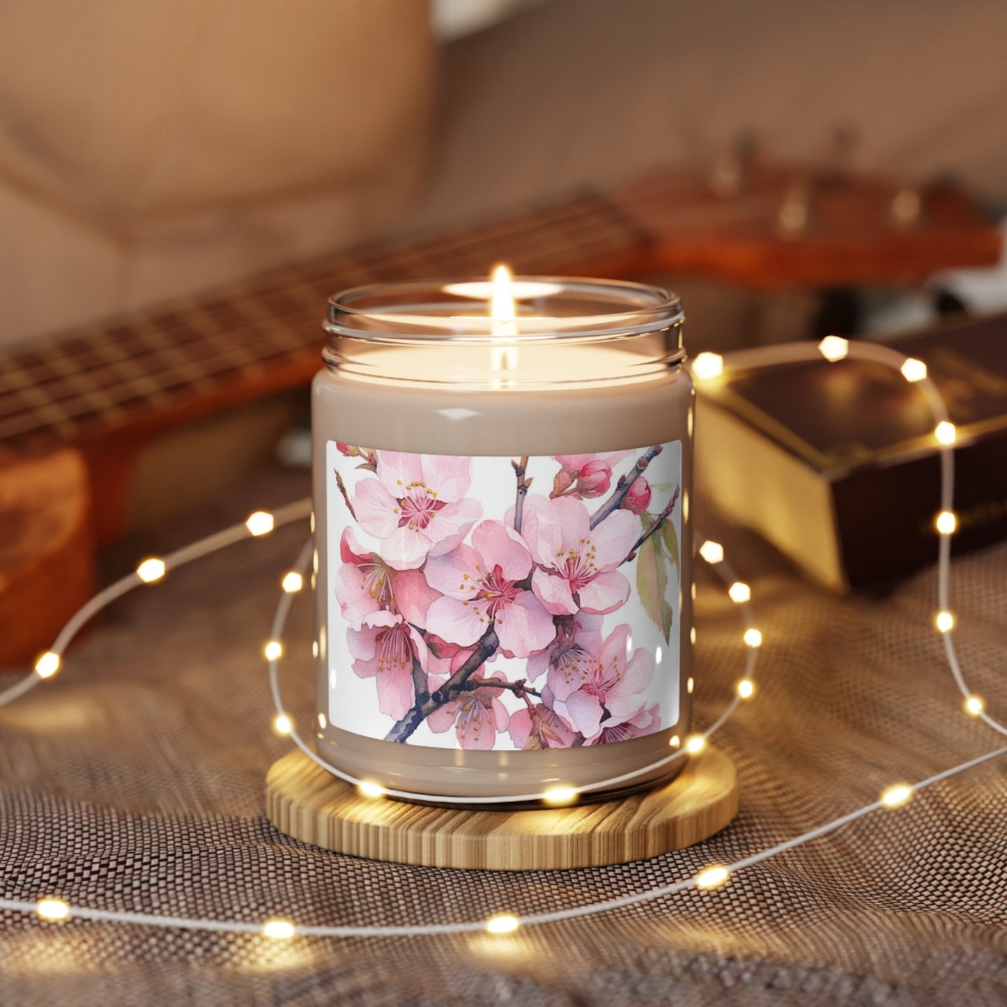 Whimsical Delight: Watercolor Cherry Blossom Tree Scented Soy Candle