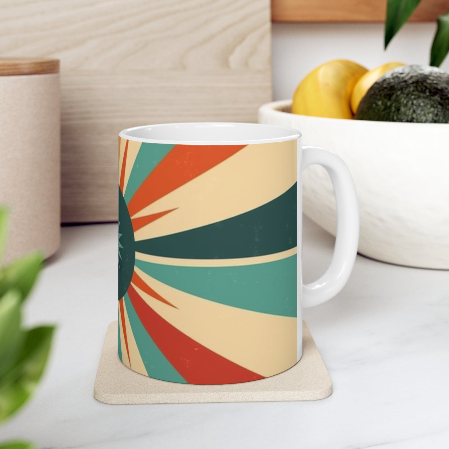 Vintage Revival: 1950s Fashion Mug with Midcentury Modern Flair and Starburst Candy Colored Patterns