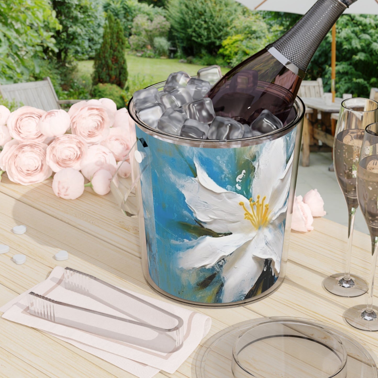 Ethereal Elegance: Ice Bucket with Tongs featuring an Abstract Oil Painting of Jasmine