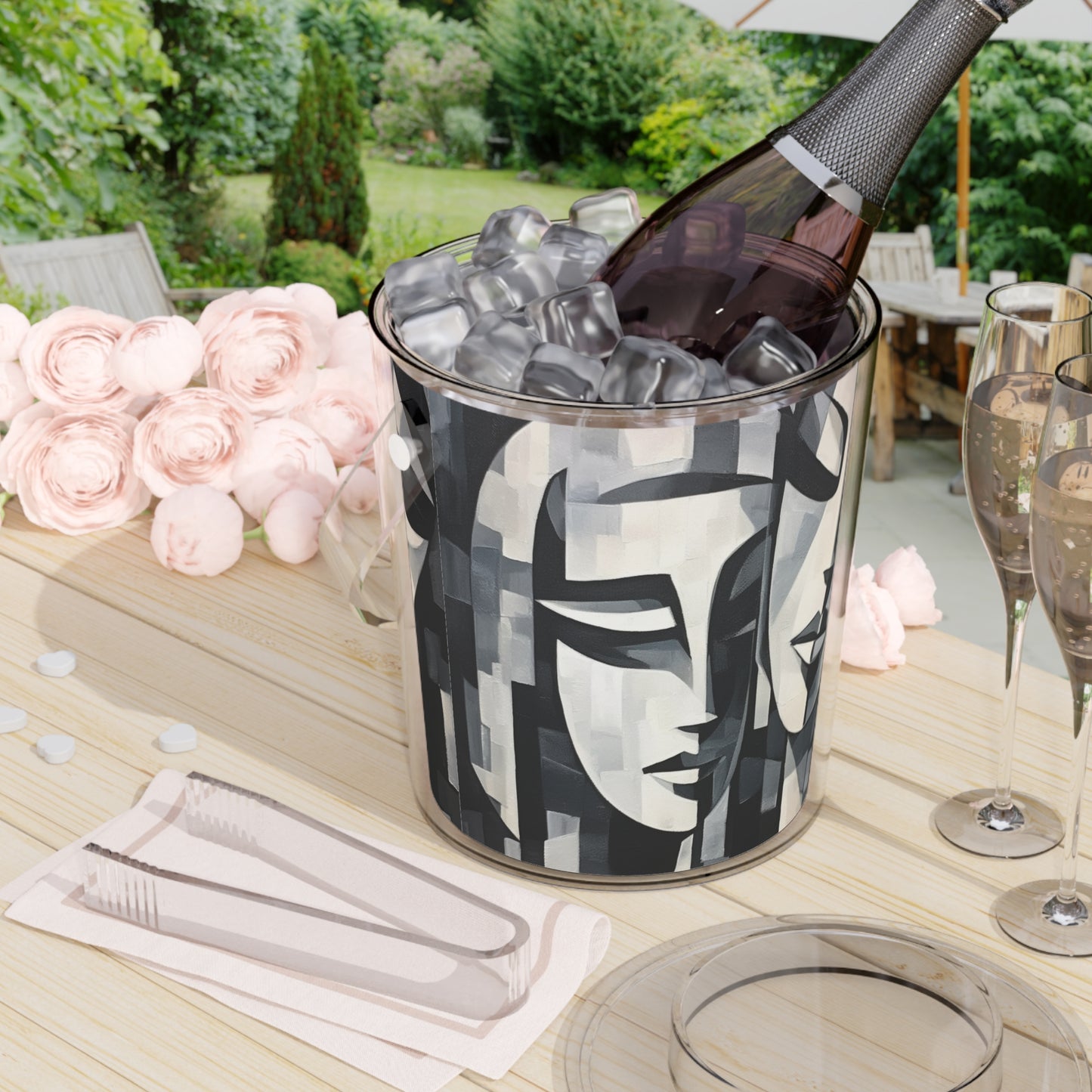 Abstract Oil Paint Ice Bucket with Tongs: Cubist Artistry in a Portable Masterpiece