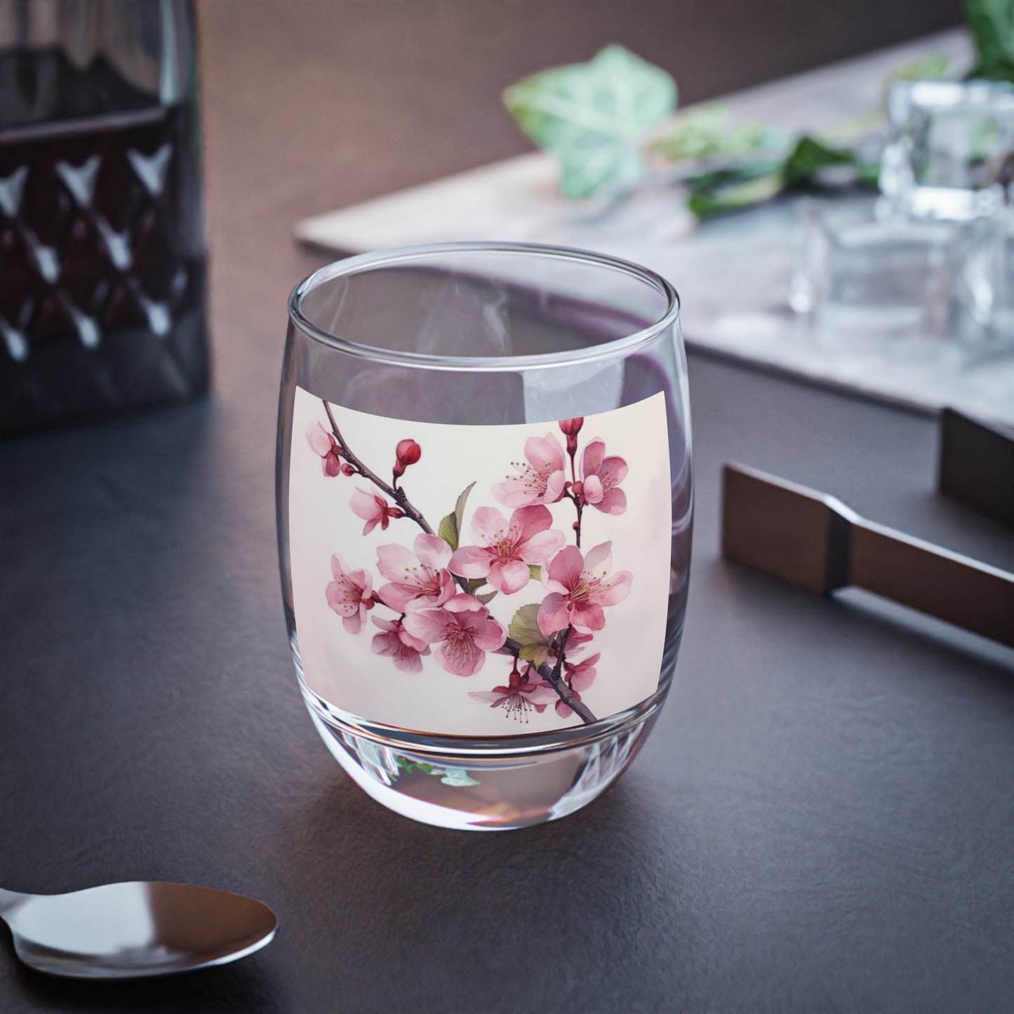 Artistic Flourish: Floral Watercolor Cherry Blossom Whiskey Glass