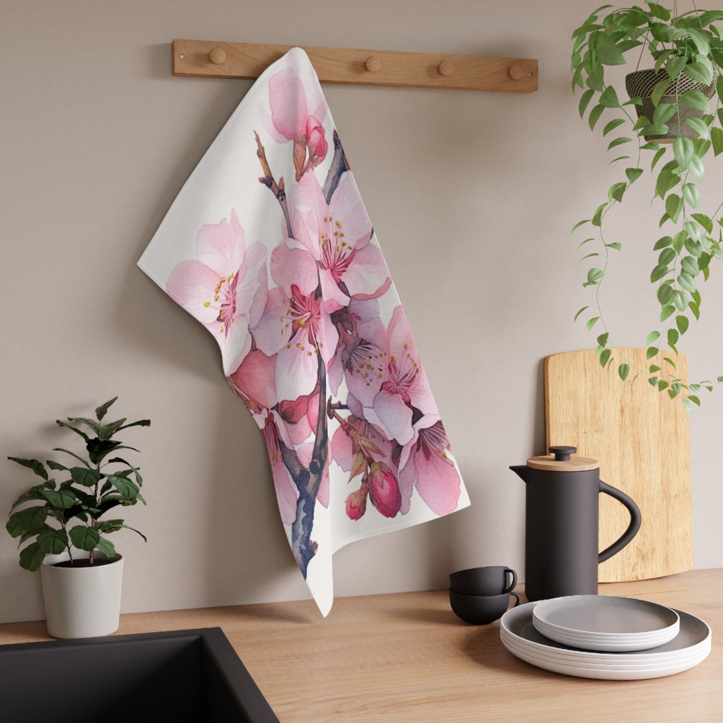 Whimsical Delight: Watercolor Cherry Blossom Tree Kitchen Towel