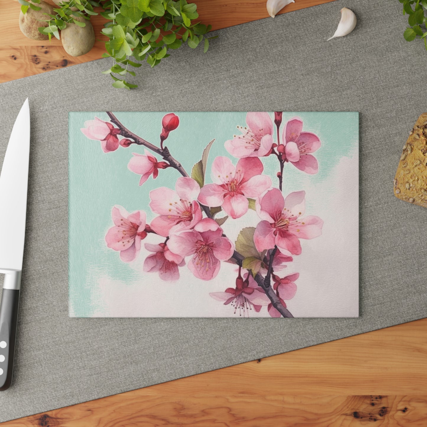 Artistic Flourish: Floral Watercolor Cherry Blossom Glass Cutting Board