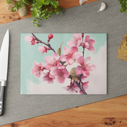 Artistic Flourish: Floral Watercolor Cherry Blossom Glass Cutting Board