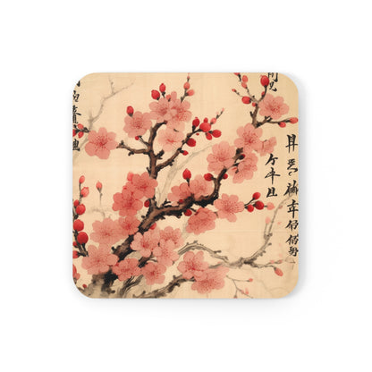 Floral Fusion: Corkwood Coaster Set Merging Cherry Blossom Beauty and Artistic Flower Drawings