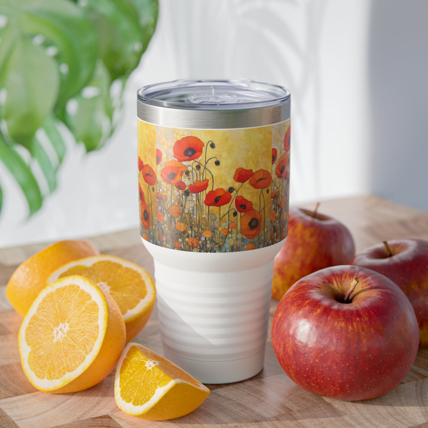 Sip in Style: Ringneck Tumbler Adorned with Gustav Klimt's Inspired Poppies